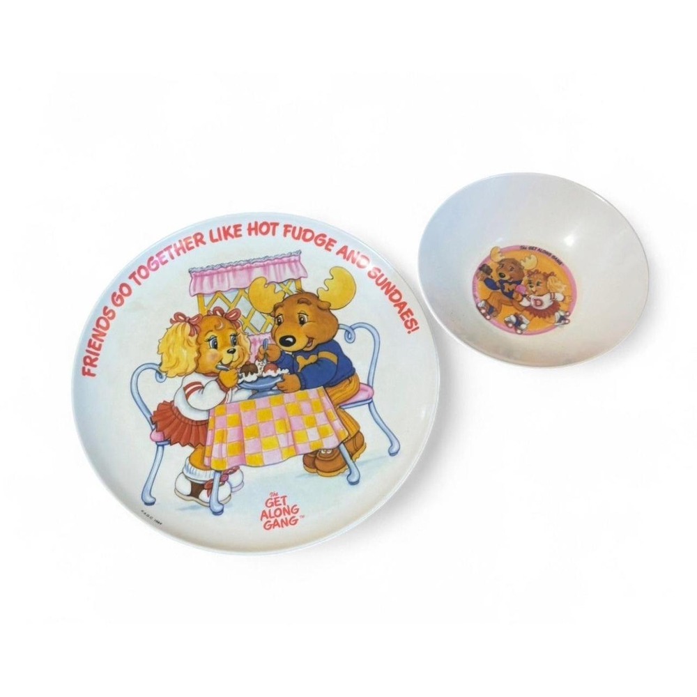 Vintage 1984 The Get Along Gang Kids Plate Bowl Set Montgomery Moose Dotty Dog